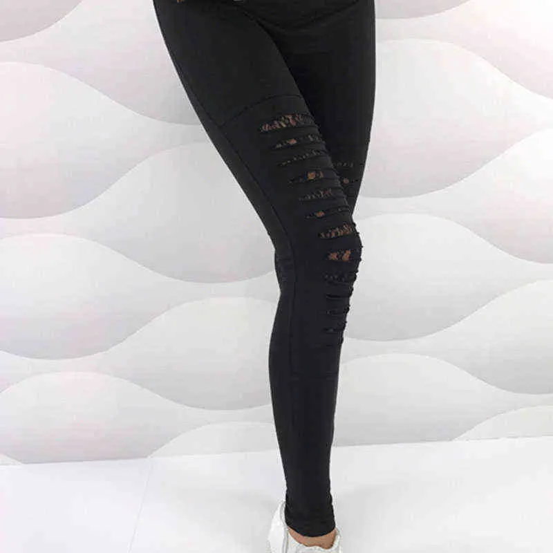 Femmes Mode Style Sexy Dentelle Leggings Déchiré Déchiré Trou Cheville Longueur Pantalon D'été Pantalon Noir XXL Plus La Taille 211204