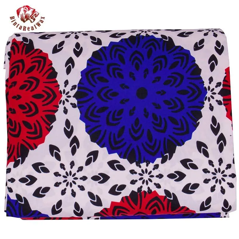 Bintarealwax fond blanc africain Polyester tissu rouge et bleu Circel 6 Yardsmatériel couture vêtements FP6427