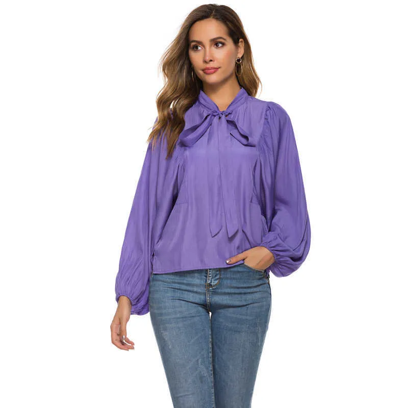 Lange Laternenärmelbluse und Tops für Frauen Lila Farbe Lose Plus Size Design Büroarbeitskleidung Hemden Frühling Herbst 210527