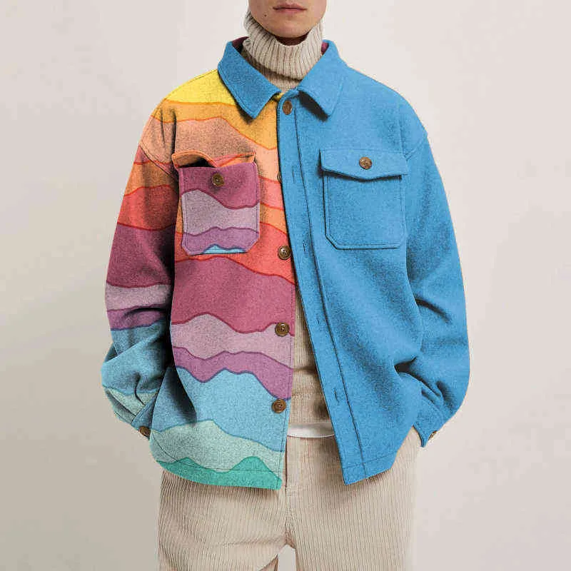Осенняя мода абстрактный напечатанный свободные пальто мужской воротник поворотный воротник застегивают куртку битник мужчины зима повседневная уличная одежда 211223