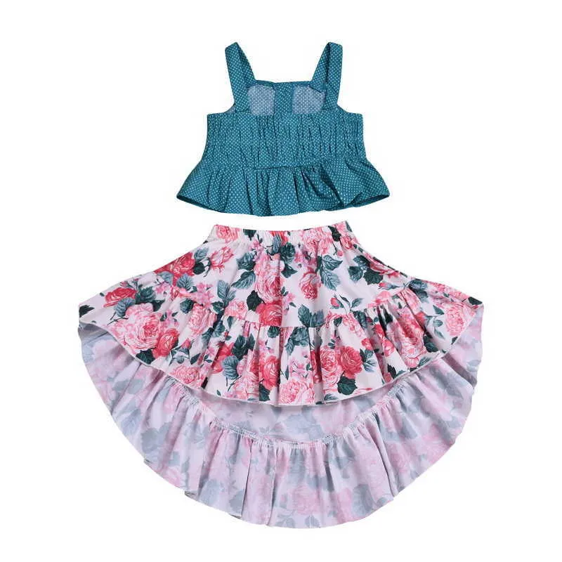 Retail sommar baby flicka 2st set sätter söta dot gröna toppar + floralskirt mode outfits barn kläder xm008 210610