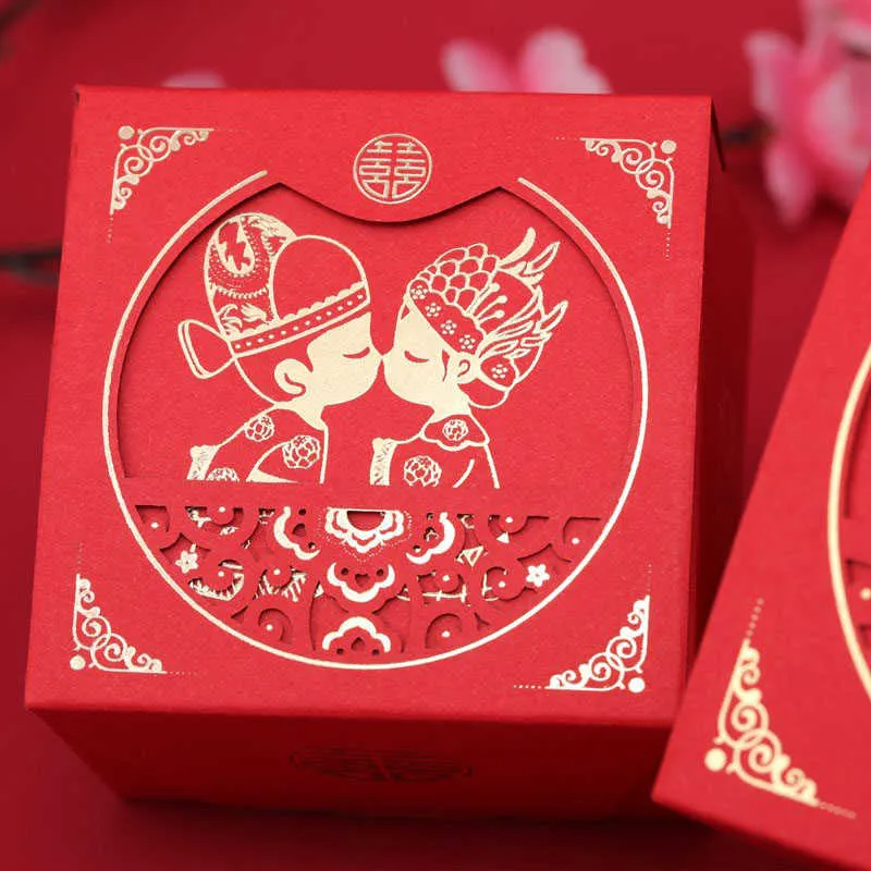 Kinesisk asiatisk stil röd dubbel lycka bröllop gynnar och gåvor box paket brud brudgum part godis 50 st 210805277z