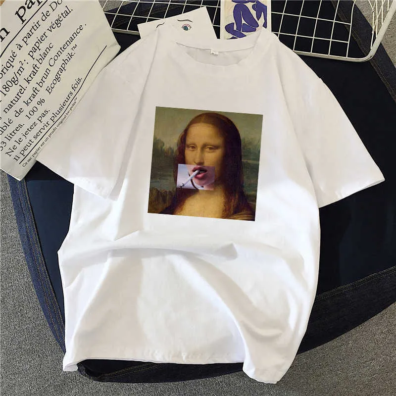 Mona Lisa Pintura Mulheres camisetas Pintura A óleo Artística Harajuku Aesthetic Ulzzang Oversized Camisetas Coreano Roupa X0527