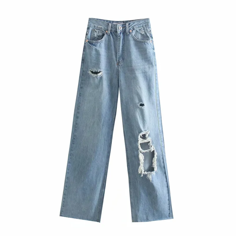 Lente zomer blauw breed been gescheurde jeans voor vrouwen mode streetwear vriendje hoge taille vrouw cowboy broek 210430