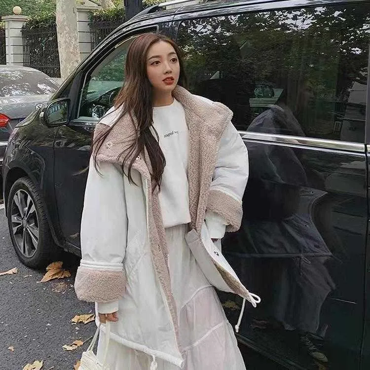 Versione coreana di utensili addensati studenti sciolti, entrambi i lati indossano un cappotto di lana di agnello, giacca imbottita invernale da donna 211008