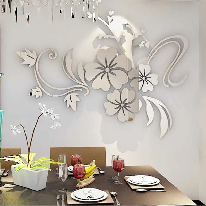 Adesivi murali specchio fiore di ibisco Soggiorno TV Sfondo Arte fai da te Decorazione della parete Ingresso casa Adesivi murali in acrilico Decorazione 210705