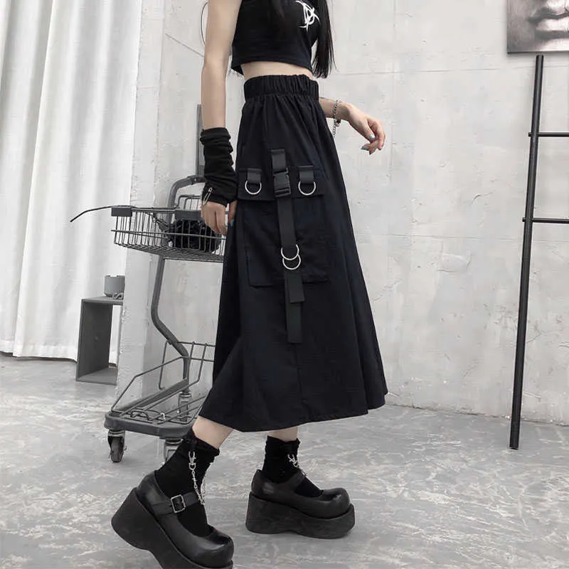 Готические высокие талии грузовые юбки женщина Harajuku Свободные A-Line Pocket Pocket MIDI длинная черная юбка хип-хоп мода уличная одежда негабаритна 210629