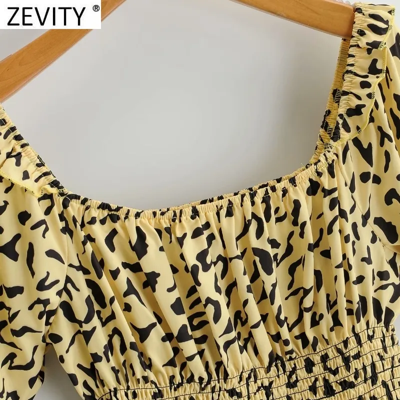 Kadınlar Vintage Kare Yaka Leopar Baskı Elastik Smock Bluz Kadın Puf Kol İnce Gömlek Chic Blusas Tops LS7646 210420