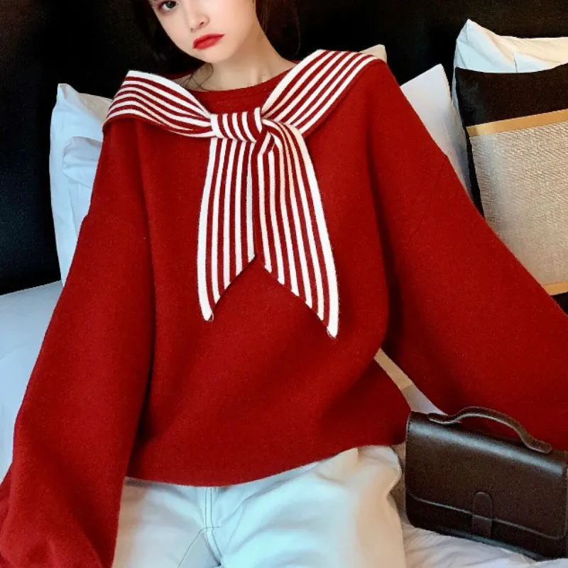 Kimutomo Sweet Woman Sweaters Höst Vinter Korea Chic Kvinna Lös O-Neck Patchwork Långärmad Pullover Fashion 210521