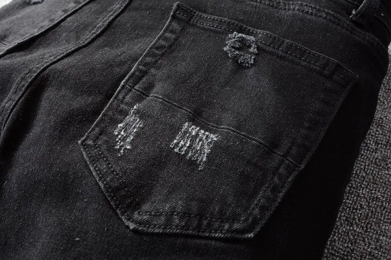 Designer Long Slim Black gescheurde jeans hoogwaardige gat uit broek streetwear broek voor mannen