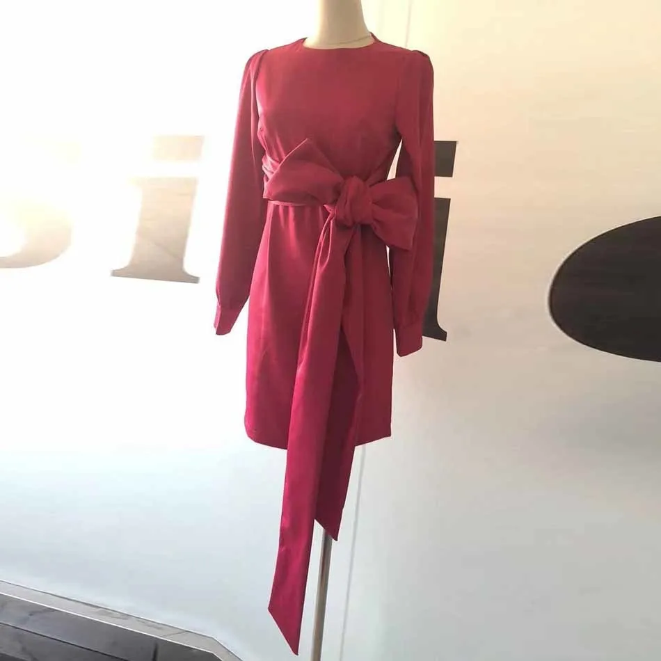 Noël Femmes Summer Mode Rose Rouge Col Rond Serré À Manches Longues Bow Sexy Party Mini Robe Robes 210525