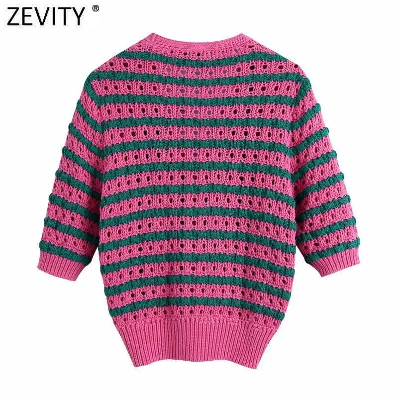 Zevity Women Fashion V Neck Färg Matchande Striped Print Hollow Out Crochet Stickad Sweater Kvinna Chic Cardigans Tops SW801 211011