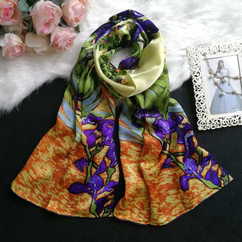 100% foulard en soie naturelle femmes peinture à l'huile de Van Gogh iris longues écharpes et châles doux Wrap Foulard Bandana cadeau pour dame