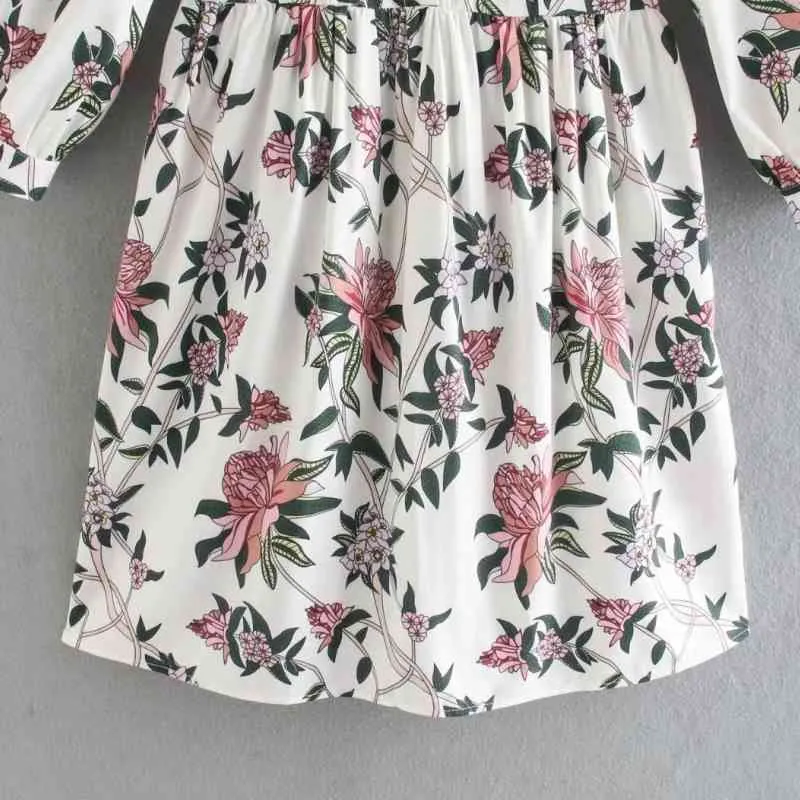 Spring Women Flower Printing Mini Shirtwaist Dress Female Three Quarter Sleeve Clothes Casual Lady Loose Vestido D7355 210430