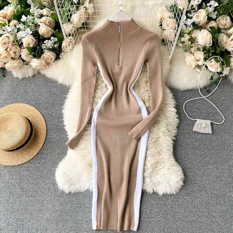 Vestido de punto elástico para mujer Otoño Invierno Diseño Cremallera Soporte Collar Manga larga Jumper Coreano Bodycon Suéter Vestidos 210419