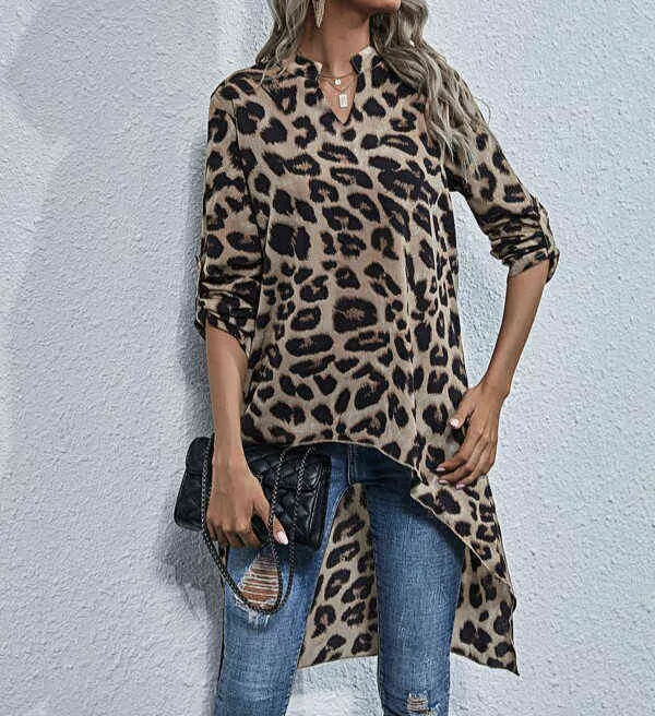 Mulheres Leopardo Irregular Blusa Curto Frente Longo Voltar V-pescoço de Manga Longa Tops Moda Novas Senhoras Solto Camisas Autumn Spring H1230