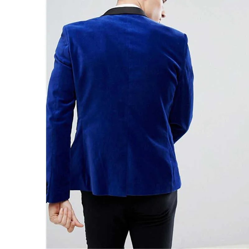 Slim Fit Royal Blue Velvet Hommes Costumes avec Pantalon Noir 2 Pièces Marié Tuxedo Mâle Mode Mariage Blazer Dernier Style X0909