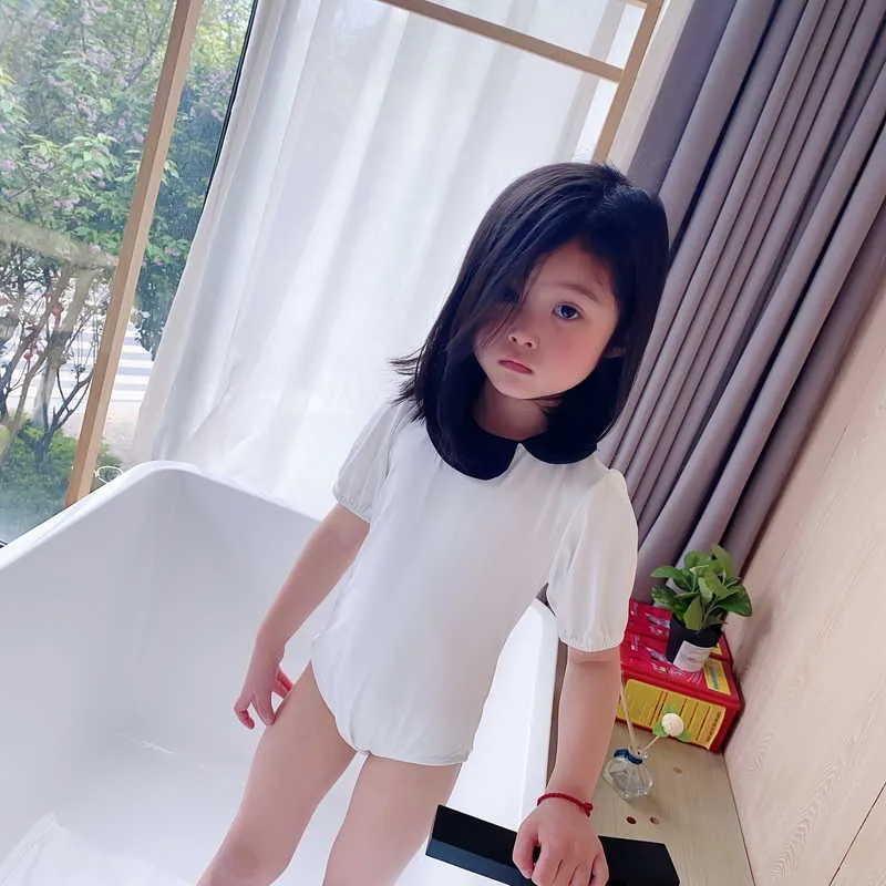 Koreanischer Stil Sommer Teenager Mädchen Bademode 1-teilig Sets Patchwork Badeanzug Kinder Niedliche Kleidung E1027 210610