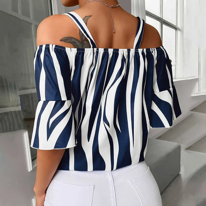 Vrouwen trendy elegant casual shirt vrouwelijke stijlvolle blouse off schouder gestreepte print dunne riem los fit korte mouw top 210716