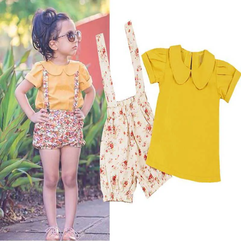 Einzelhandel Sommer Mädchen Kleidung Sets Kurzarm Senf Gelb Hemd + Overalls Shorts Floral Kinder Outfits Kinder Kleidung E16208 210610