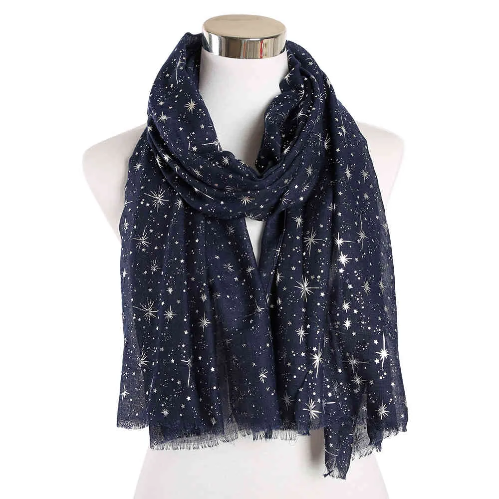 FOXMOTHER Autumn And Winter Pink Navy Star Print Scarf Women Foil Sliver Hijab Scarves Glitter Galaxy Shawl Wrap Ladies 2019