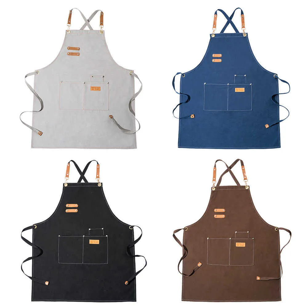 Cowboy schort Koreaanse mode unisex werk verstelbare koken bakken keuken canvas s met multi-pocket 210629