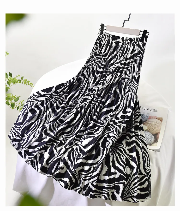 Qooth zebra impressão plissada saia mulher moda chique mujer plissado maxi saia ins senhora elástica cintura saias mulheres qt373 210518