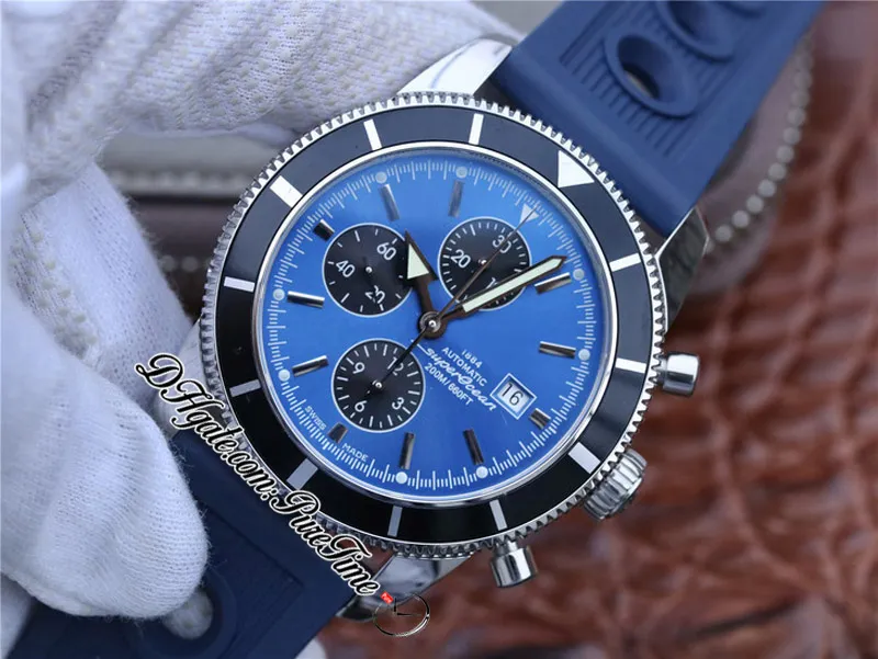 OMF SuperOcean Heritage II A7750 Montre chronographe automatique pour homme A1331216 46 mm Bleu Noir Cadran Marqueurs en caoutchouc avec trous Su210P