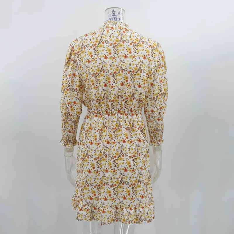 Foridol blommigryck vintage boho klänning kvinnor höst vinter casual kort sash gul klänning vestidos 210415