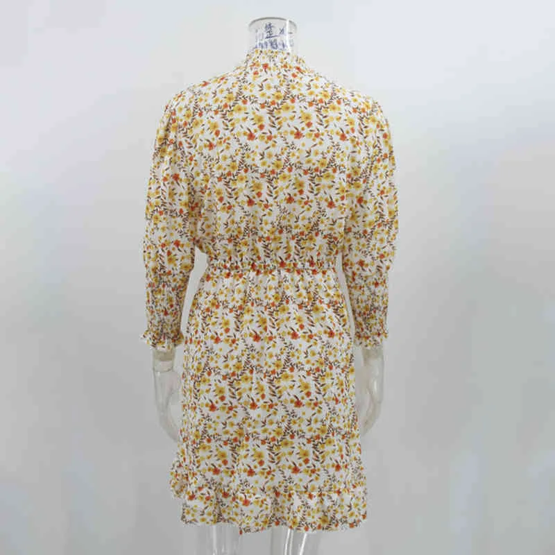 Foridol floral print vintage boho dress women autumn winter casual short sash yellow dress vestidos 210415