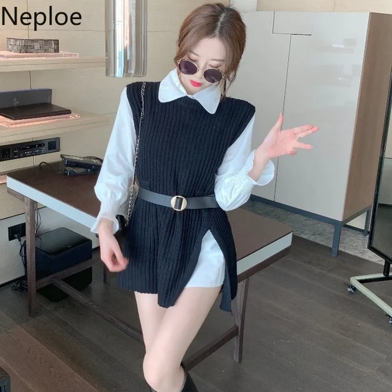 Neploe Zweiteilige Outfits für Frauen Herbst Kleidung Gestrickte Pullover Weste Rüschen Hemd Tops Koreanische Chic Anzug Weibliche 2 Stück set 210422