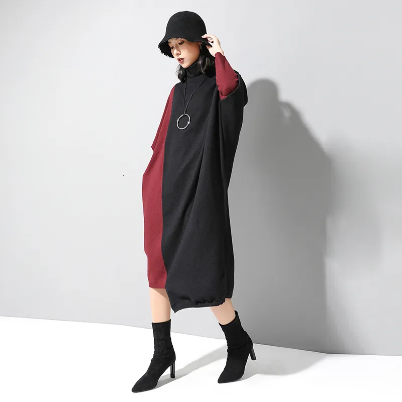 [EAM] Women Knitting Contrast Color Big Size Dress High Neck Long Sleeve Loose Fit Fashion Spring Autumn 1D674 21512