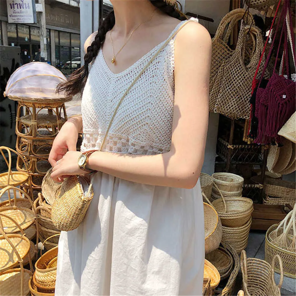 Zoete zomer spaghetti riem jurk vrouwen mouwloze haak hol uit Vestidos Koreaanse studenten witte schattige strand sundresses 210619