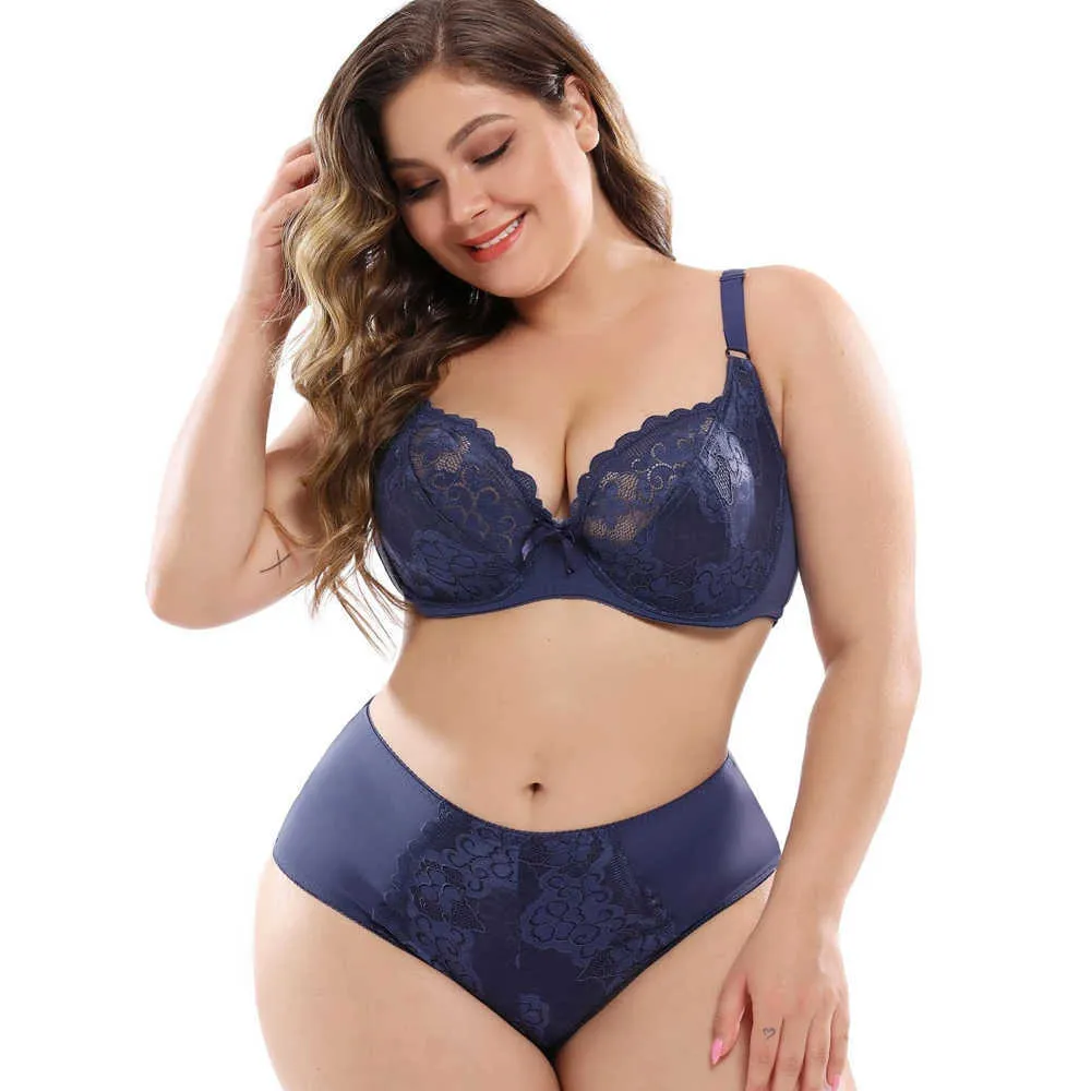 Sexy Set Floral Lace Women Bra Set Plus Size Female Lingeries Full Cup Unlined Bra and Panty Set Ultra Thin Panty C D DD E F L2304