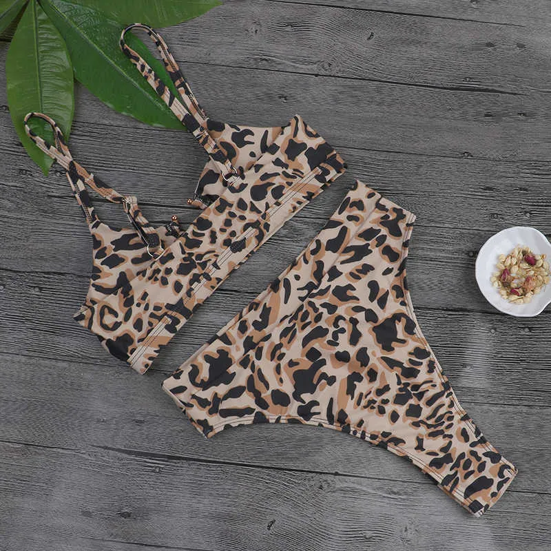 Sexy Bademode Hohe Taille Badeanzug Brasilianische Biquini Leopard Print Bikini Set Ring Badeanzug Sommer 2 Stück Frauen 210625