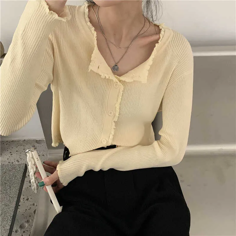 Sertigan Kobiety Otwarte Stitch Żółty O-Neck Elegancki Vintage Koreański Styl Streetwear Leisure Outwear Lato Sweter Płaszcz Daily 210529