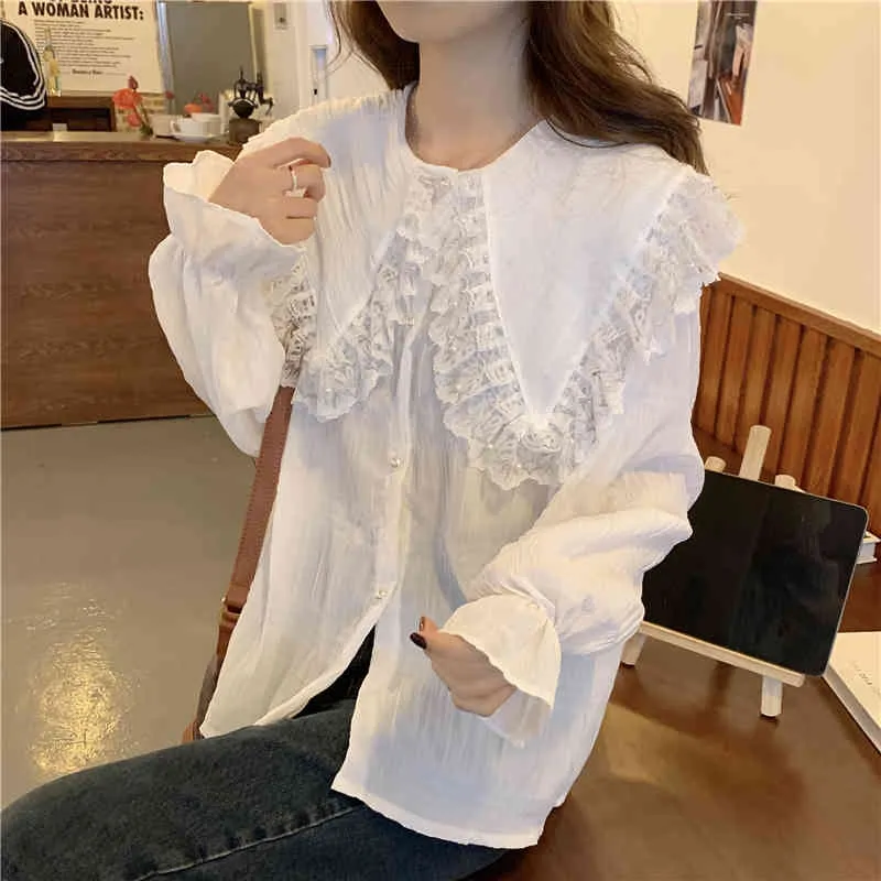 Chic Vintage Shirt Peter Pan Collar Spring Lace Solid Loose Fashion All Match Casual Streetwear Blouses 210525
