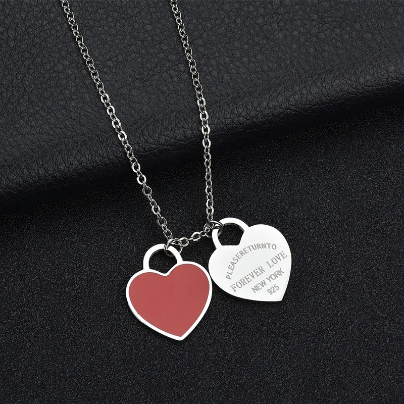 Fashion Accessories Enamel Double Heart Pendant Stainless Steel Necklace FOREVER LOVE Letter Necklace Wedding Gift250U