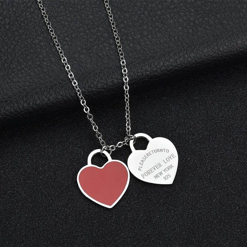 Mode-Accessoires Emaille Doppel-Herz-Anhänger Edelstahl Halskette FÜR IMMER LIEBE Brief Halskette Hochzeit Gift250U
