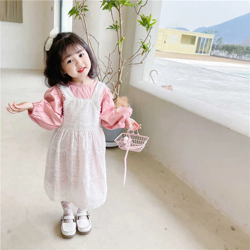 Spring Baby Girl 2-PCS Ensembles Robe à manches longues + dentelle blanche Sling Vêtements pour enfants E1042 210610