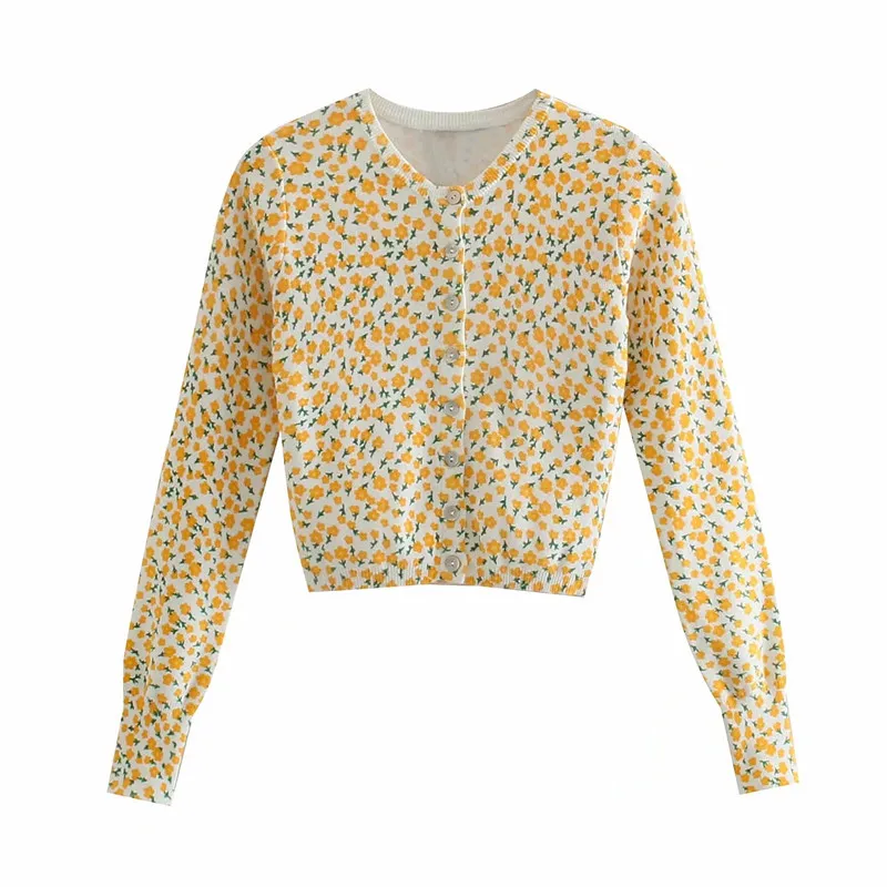 Printemps Floral Jacquard Jaune Cropped Cardigan Femme À Manches Longues Tricoté Top Femmes Cottagecore Femme Veste 210519