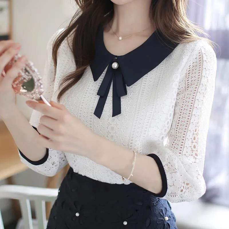 Womens Spring Summer Style Chiffon Blouses Shirt Womens Vneck Bow Patchwork Half Sleeve Elegant Lace Tops SP8676 210401