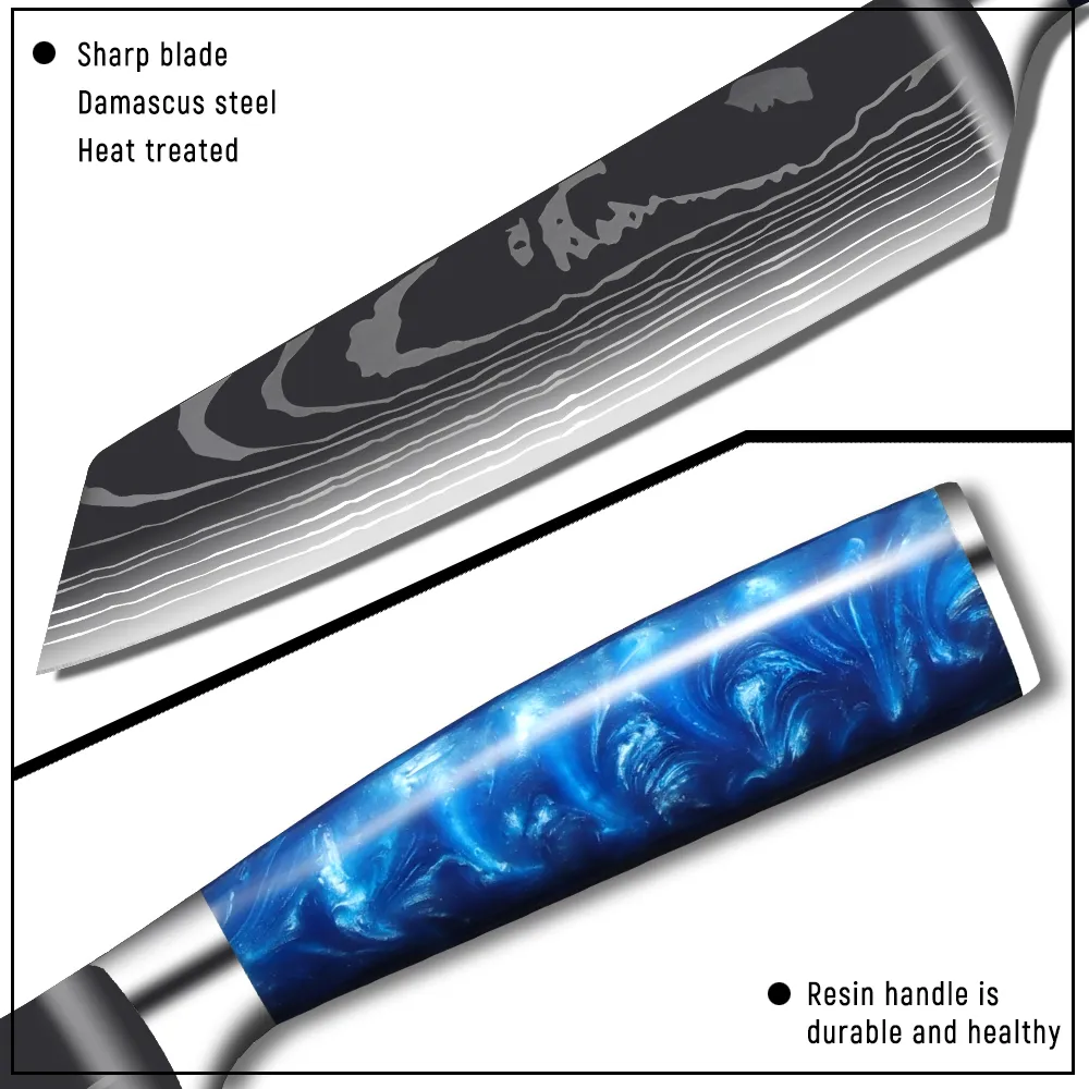 Paslanmaz Çelik Şef Bıçağı Seti Mutfak Bıçakları Profesyonel Japon Santoku Balta Keskin Reçine Kolu Lazer Şam Desen Keskin Programı Dilimleme Pişirme Aracı