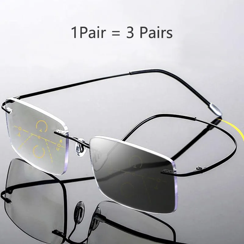 Solglasögon högkvalitativ rimlös pochromisk läsglasögon män kvinnor progressiv multifokal anti blå strål presbyopisk titan301r