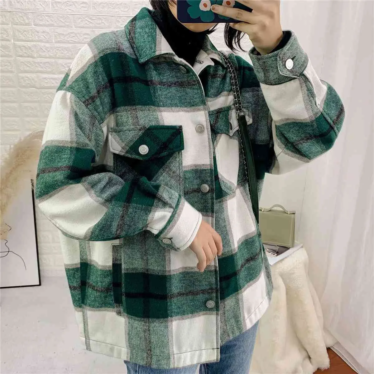 Winter Green Plaid Jacket Coat Kvinnor Streetwear Lång Leee Tjock Ull Coat Fashion Pocket Oversized Lapel Höstskjortor Coats 210422