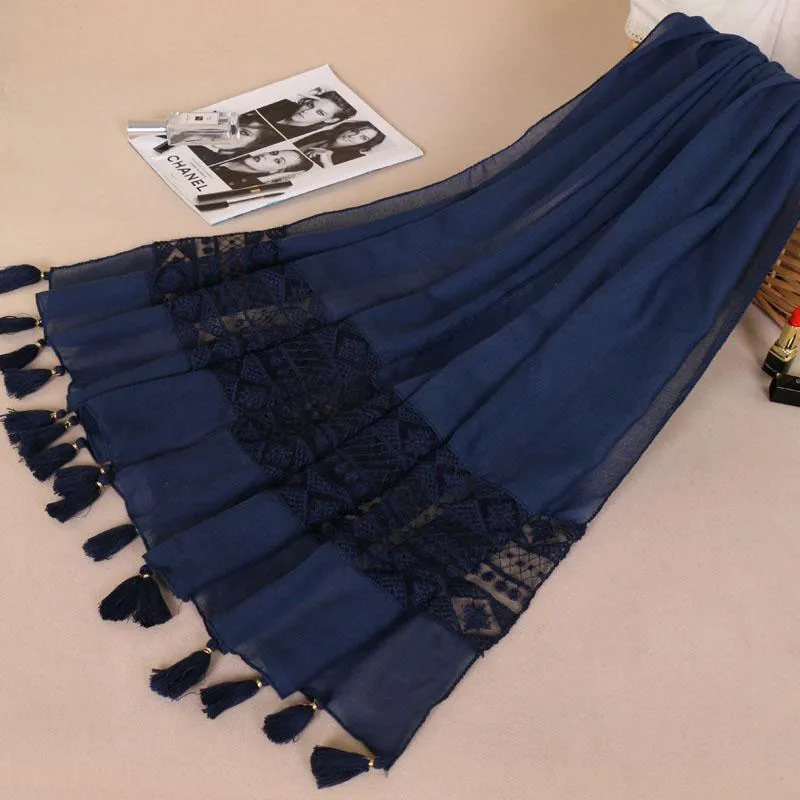 Schals Verkauf Quaste Baumwolle Hijab Schal Frauen Einfarbig Spitze Schal Wrap Große Größe Pashmina Stola Muslimischen Weiblichen Bufanda271Z