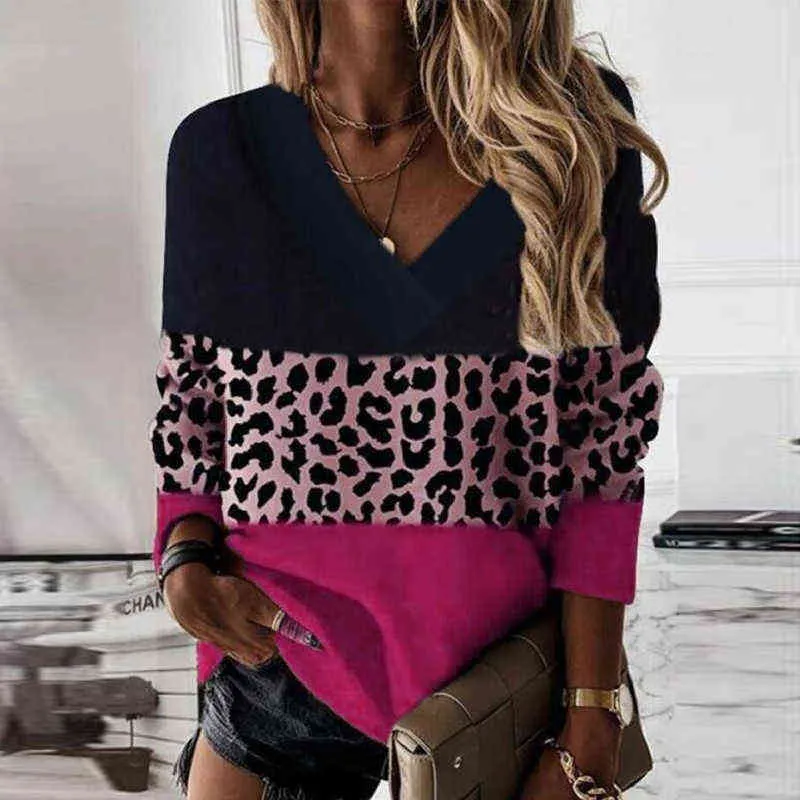 Elegante Leopard Print Patchwork Frauen Hoodie Herbst V-ausschnitt Langarm Top Sweatshirt Winter Elegante Büro Dame Pullover Jumper 211206
