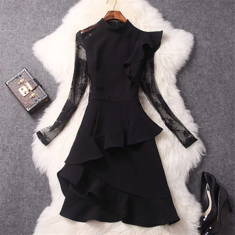 Designer di marca Donna Runway Moda autunno manica lunga in pizzo patchwork increspature abiti da festa neri sexy abiti 210601