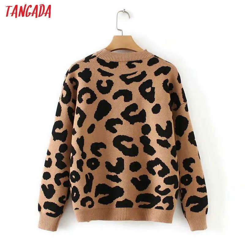 Tangada Women Leopardニットセーター冬の動物プリント厚い長袖の女性のプルオーバーカジュアルなトップス2x05 210914