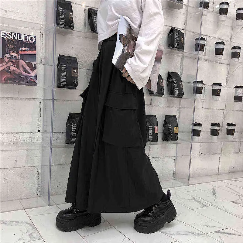Harajuku streetwear pantalones de carga coreanos mujeres hombre verano hip hop harem ancho vintage kimono japón pantalones negros sueltos 211115
